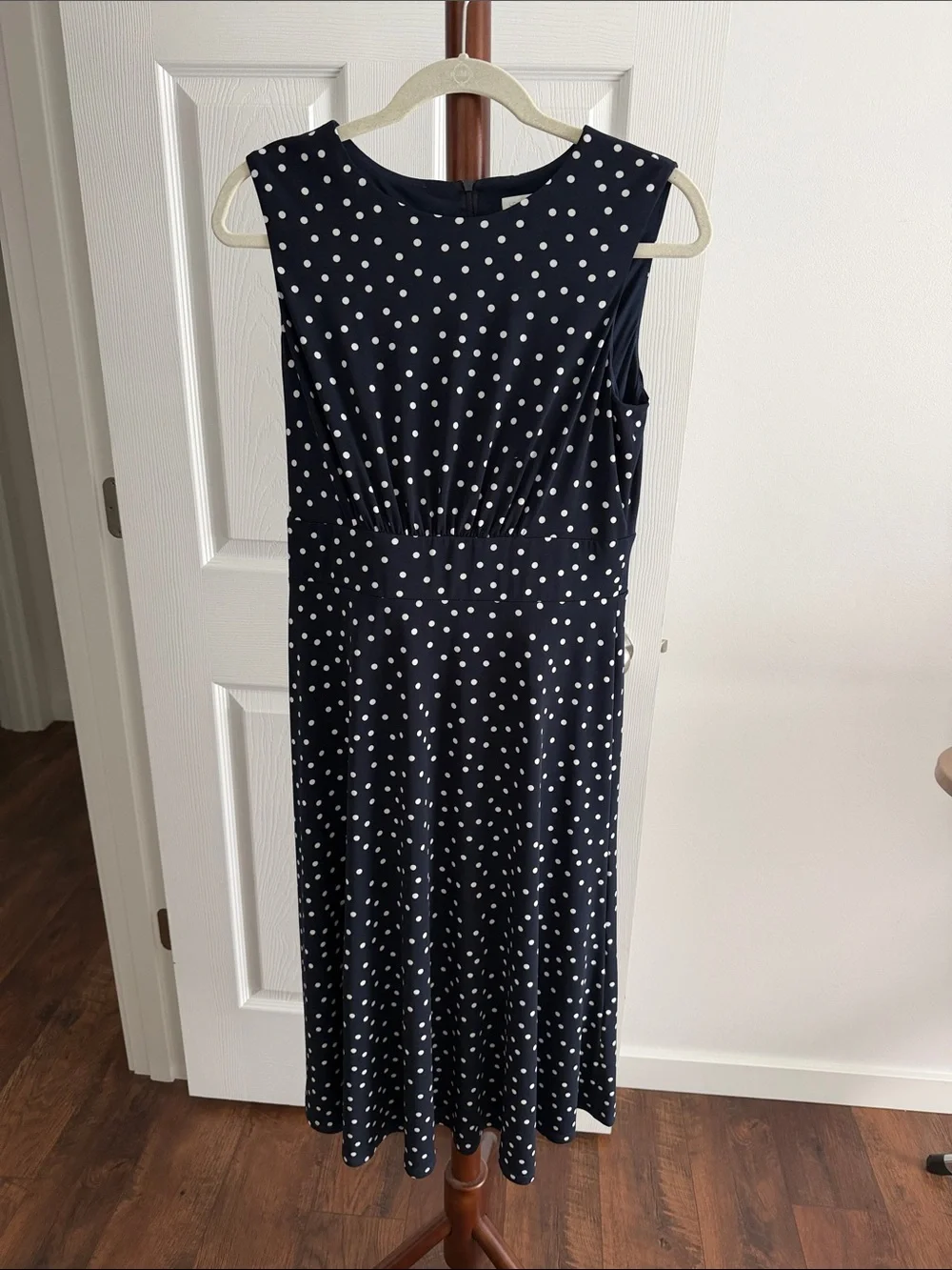 London Fog Navy Blue Polka Dot Sleeveless Midi Dress